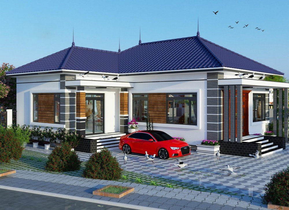 Ngôi nhà mái ngói xanh hiện đại, với ô tô đỏ phía trước, sân rộng, đàn chim đang bay.