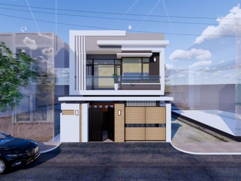 Nhà phố hai tầng hiện đại với ban công kính và cửa gỗ, cây xanh bên ngoài và xe đỗ trước mặt tiền.