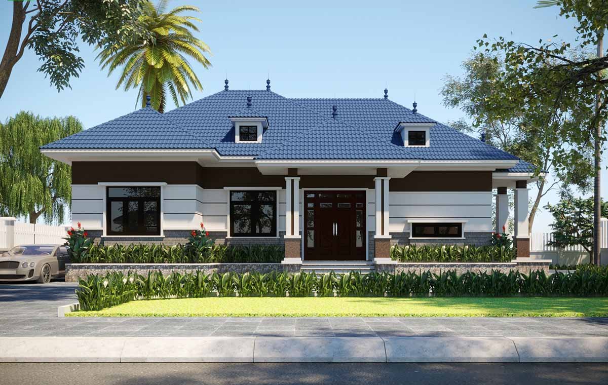 Nhà một tầng mái xanh hiện đại, được bao quanh bởi sân vườn và cây xanh, với phong cách thiết kế tối giản.