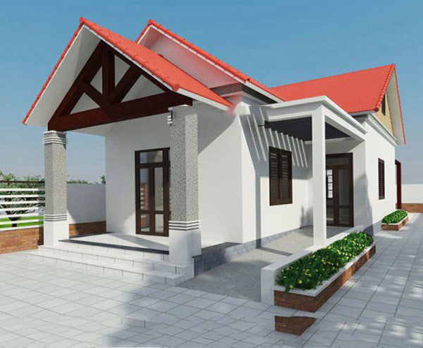 Nhà cấp 4 hiện đại với mái ngói đỏ, hiên rộng và sân vườn mát mẻ, thiết kế kiến trúc tối giản.