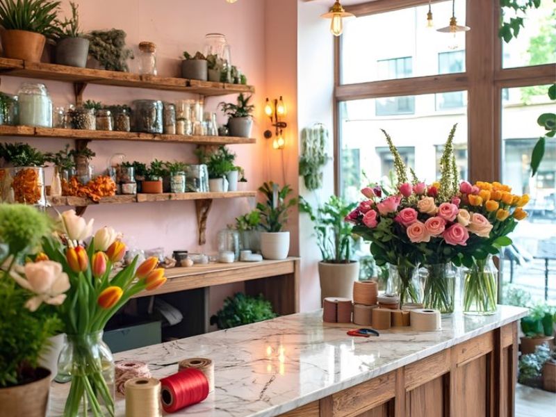 Cửa hàng hoa trang trí sáng với hoa tươi và cây cảnh, kệ gỗ chứa đồ trang trí và dụng cụ cắm hoa.