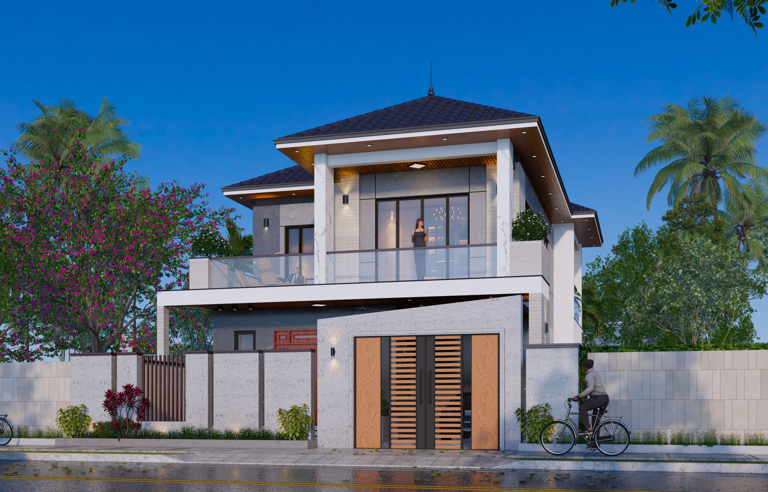 Ngôi nhà hiện đại hai tầng với mái ngói xanh, cây cối bao quanh, xe đạp đi qua đường phía trước.