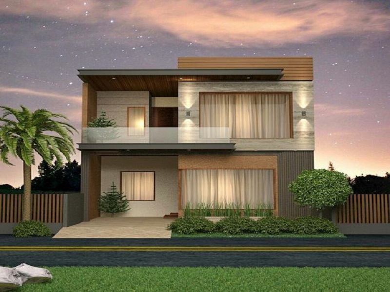 Ngôi nhà hiện đại hai tầng với sân vườn xanh mát, thiết kế tối giản, ánh đèn sáng dưới bầu trời sao.