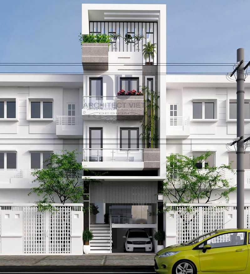Mặt tiền nhà phố hiện đại với ban công và cây xanh, xe hơi màu vàng đỗ trước cổng.