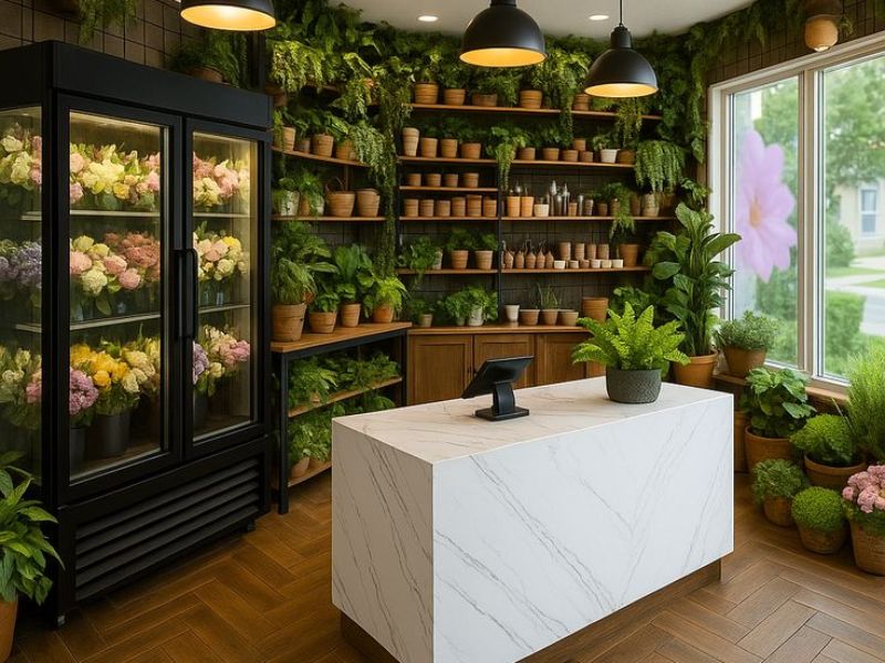 Cửa hàng hoa đầy cây xanh với quầy đá cẩm thạch trắng và tủ lạnh chứa nhiều loại hoa rực rỡ.