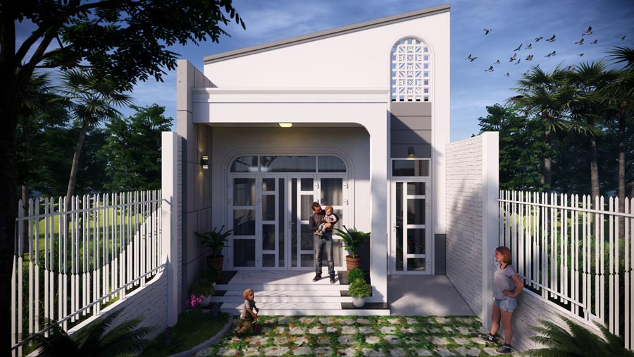 Nhà cấp 4 hiện đại với mái lệch, không gian sân vườn xanh mát và gia đình trước cửa.