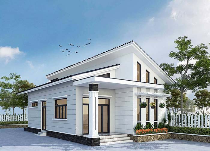 Nhà một tầng hiện đại với cửa kính lớn, sân trước rộng, cây xanh tươi tốt, bầu trời trong và chim bay lượn.