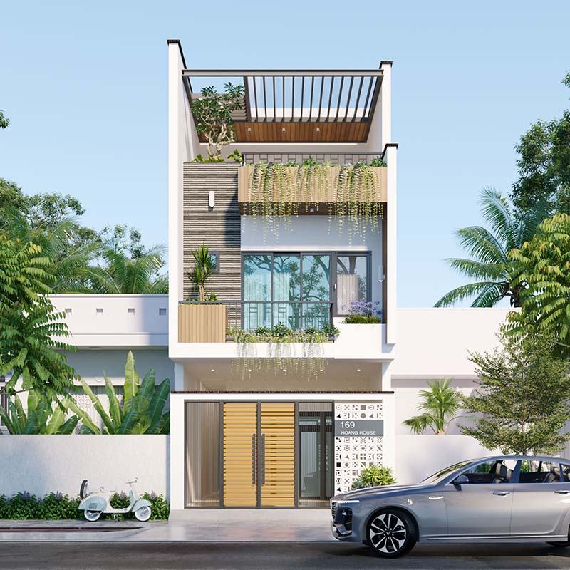 Mặt tiền của ngôi nhà phố hiện đại với ban công xanh mát và xe hơi đậu phía trước, cảnh quan thoáng đãng và yên tĩnh.