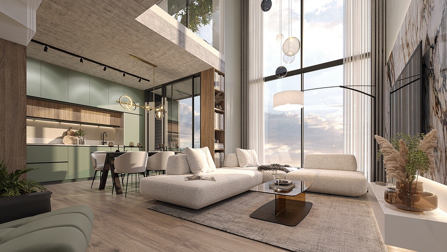 Phòng khách hiện đại với nội thất sang trọng, ánh sáng tự nhiên và bếp mở.