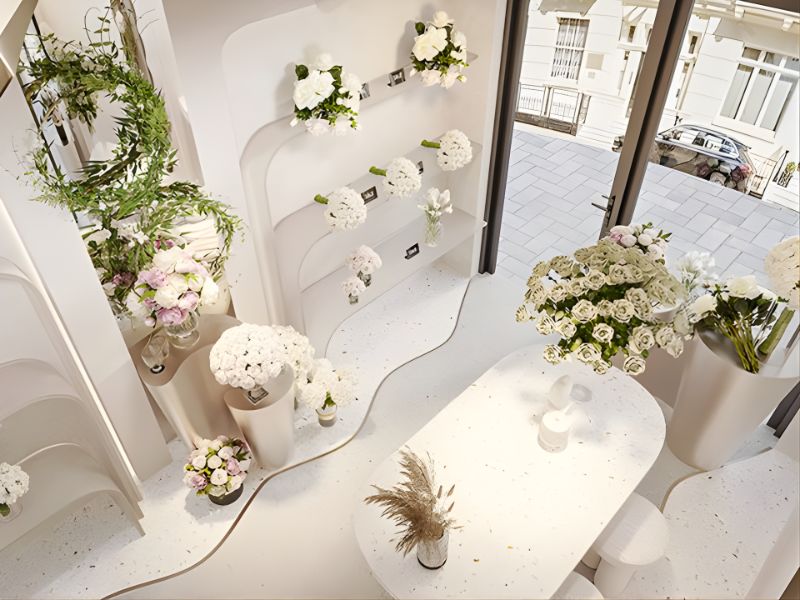 Cửa hàng hoa hiện đại, sáng sủa với nhiều loài hoa trắng, hồng; thiết kế nội thất tối giản.