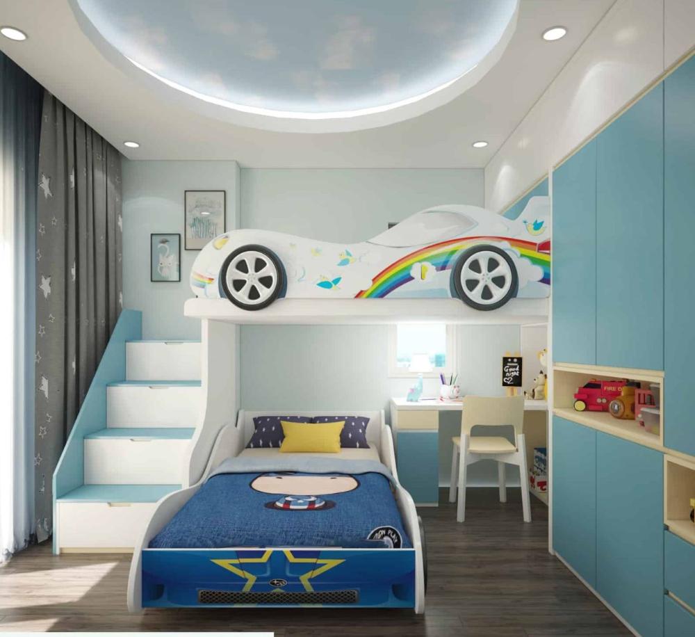 Phòng ngủ trẻ em sáng tạo với giường tầng hình xe hơi màu sắc và thiết kế nội thất hiện đại, vui nhộn.