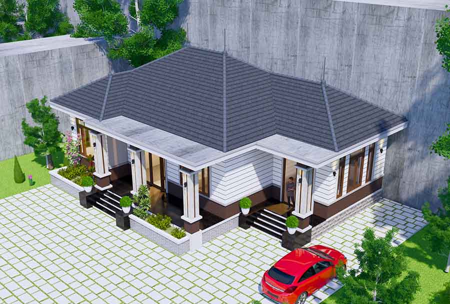 Nhà cấp 4 mái Nhật hiện đại, cùng sân vườn và chiếc ô tô đỏ.