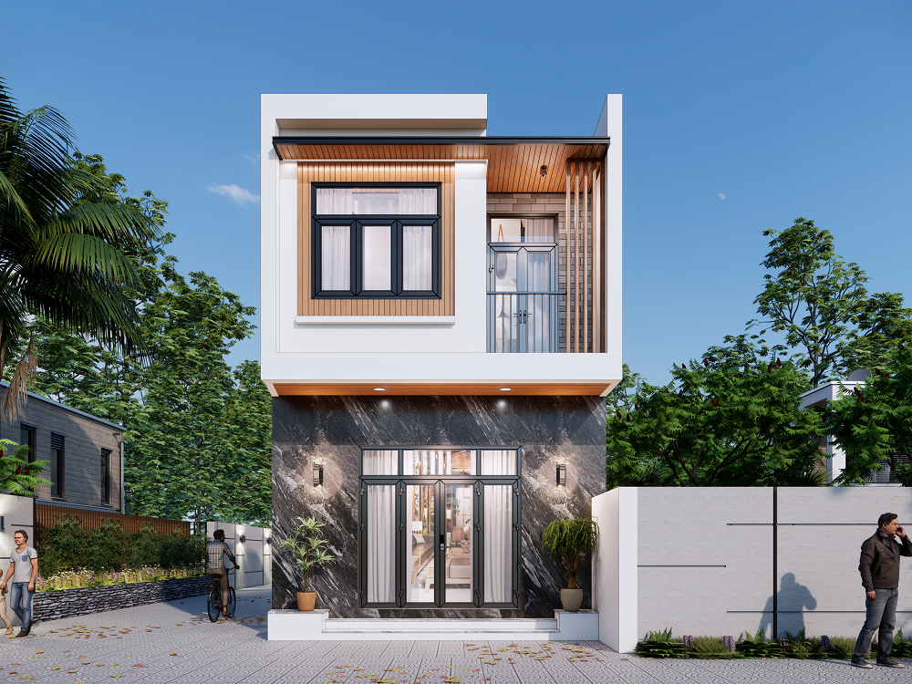 Nhà phố hai tầng đương đại với mặt tiền tối giản, cây xanh bao quanh và bầu trời trong xanh.