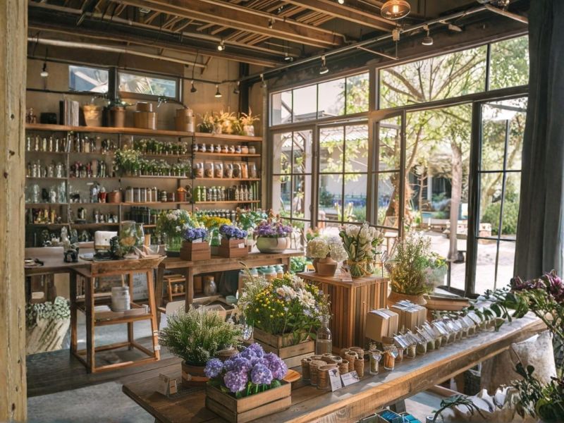 Cửa hàng hoa nhỏ xinh với các kệ hoa đủ màu sắc và cửa sổ lớn có ánh sáng từ bên ngoài.