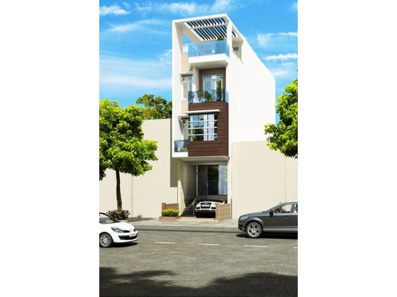 Nhà phố hiện đại 4 tầng với ban công kính và cây xanh, mặt tiền đường lớn, xe hơi đỗ phía trước.