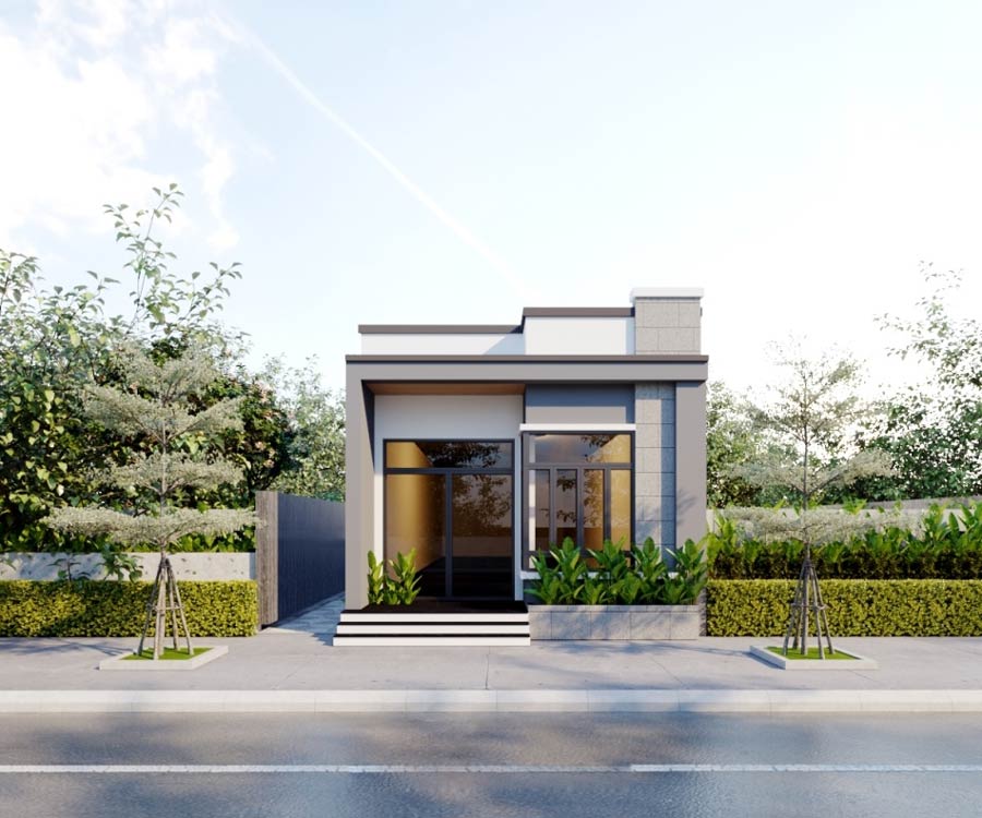 Nhà cấp 4 hiện đại với thiết kế tối giản, mặt tiền sáng đẹp, cây xanh xung quanh, nổi bật dưới ánh mặt trời.