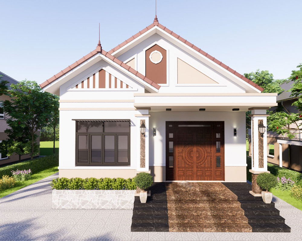 Nhà cấp 4 mái thái hiện đại, cửa gỗ lớn, mặt tiền thoáng đãng giữa khu vườn xanh tươi.