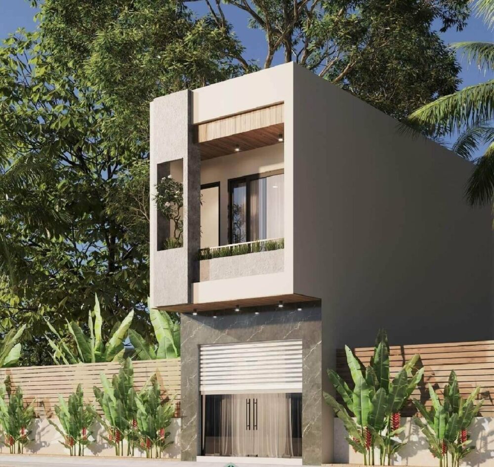 Nhà phố hiện đại với mặt tiền đơn giản, cây xanh bao quanh và cửa kính lớn, phông nền cây cối và bầu trời xanh.