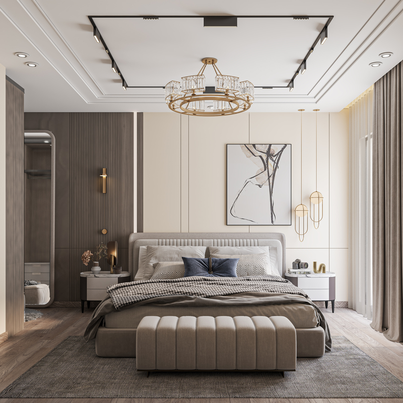 Phòng ngủ sang trọng với nội thất hiện đại, giường êm ái và đèn chùm tinh tế.