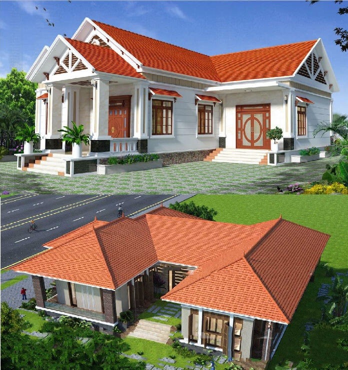 Nhà vườn mái ngói đỏ nổi bật với kiến trúc hiện đại, sân vườn xanh mát.