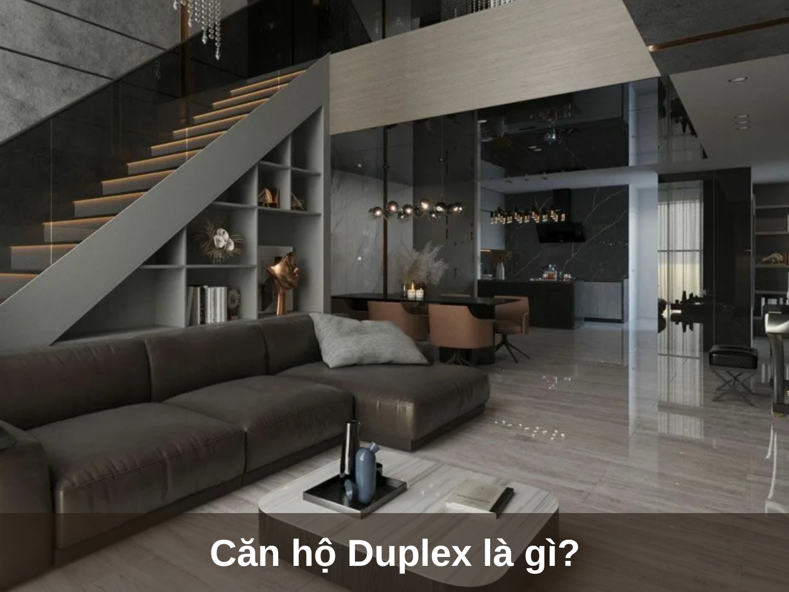 Phòng khách hiện đại trong căn hộ duplex với sofa da và cầu thang sang trọng.