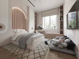 Phòng ngủ hiện đại với giường đôi lớn, cửa sổ ánh sáng tự nhiên và thảm trang trí sang trọng.