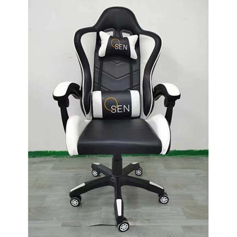 Ghế chơi game đen trắng với lưng cao và đệm mềm mại, logo SEN; thiết kế cho game thủ chuyên nghiệp.