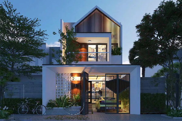 Ngôi nhà hiện đại hai tầng với thiết kế tối giản, cây xanh xung quanh và ánh sáng ấm áp vào buổi chiều tối.