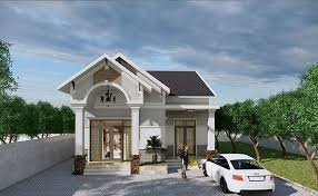 Ngôi nhà một tầng với ô tô đậu trước sân, được bao quanh bởi cây xanh và bầu trời trong xanh.