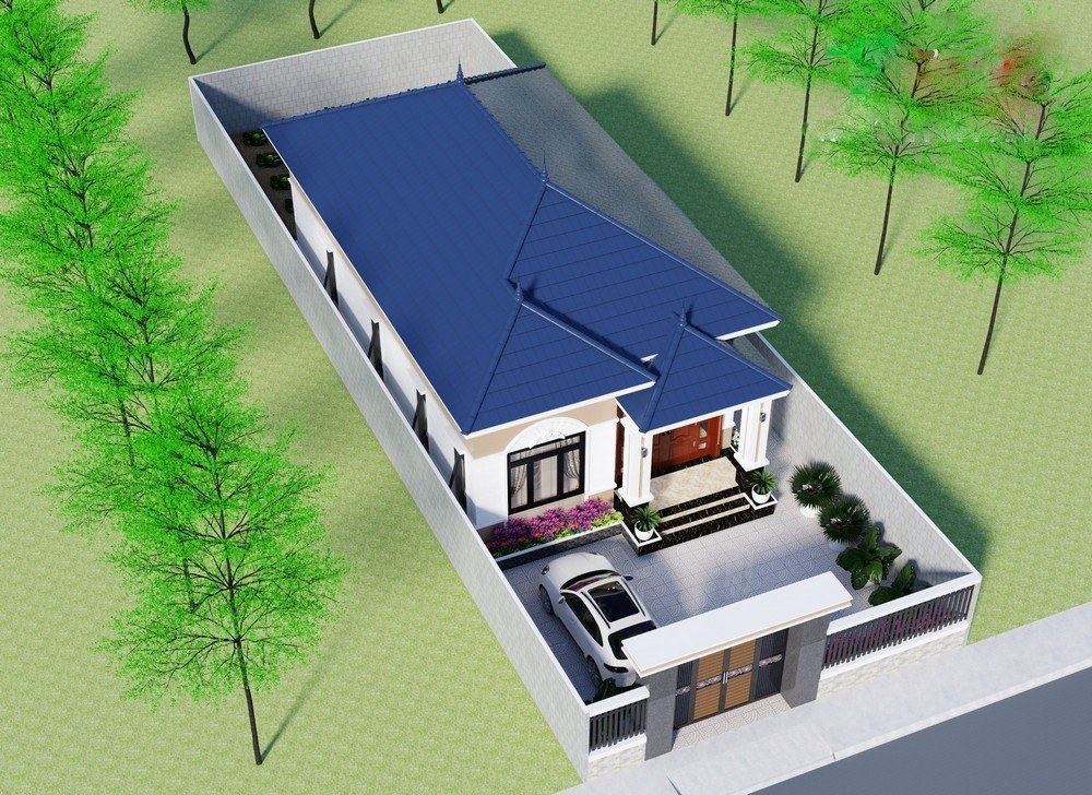 Nhà cấp 4 với mái Thái hiện đại, sân vườn rộng lớn, cửa gỗ, ô tô đỗ ở phía trước, tường bao quanh, cây xanh mát mẻ.