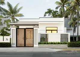 Nhà hiện đại màu trắng với cửa gỗ, cây xanh xung quanh, kiến trúc tối giản, không gian ngoại thất thoáng đãng.