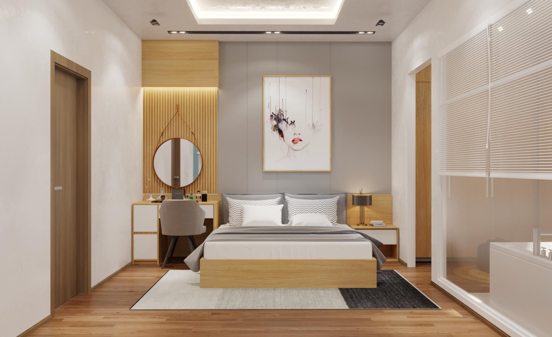 Phòng ngủ hiện đại với giường đôi, bàn trang điểm và tranh nghệ thuật treo tường, không gian ấm áp.