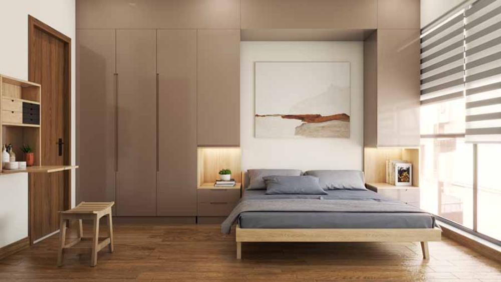 29-10 Phòng ngủ hiện đại với giường gỗ, tủ áo nâu, tranh treo tường và cửa sổ lớn có rèm cuốn.