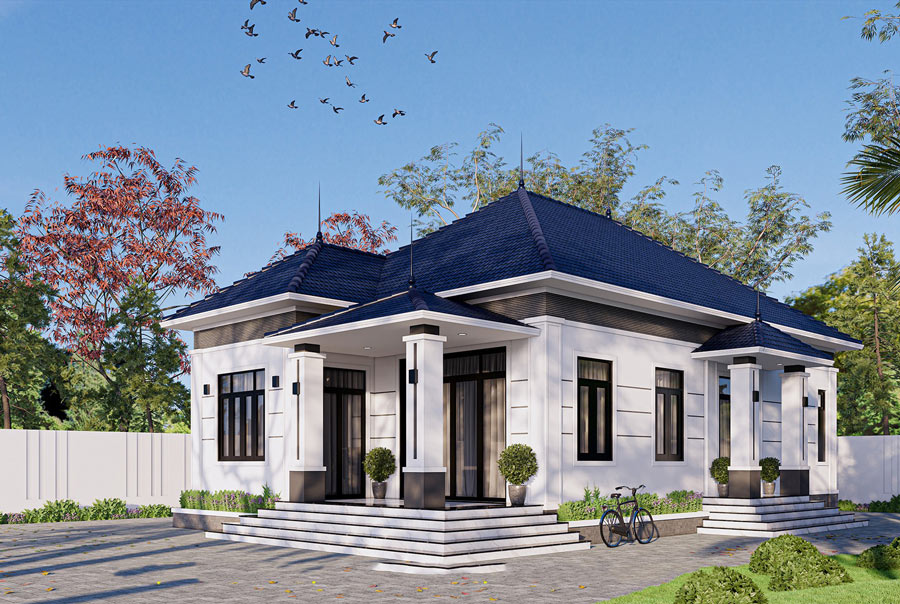 Ngôi nhà mái nhật xanh, sân lát gạch rộng, cây cối quanh nhà, trời xanh với đàn chim bay lượn.