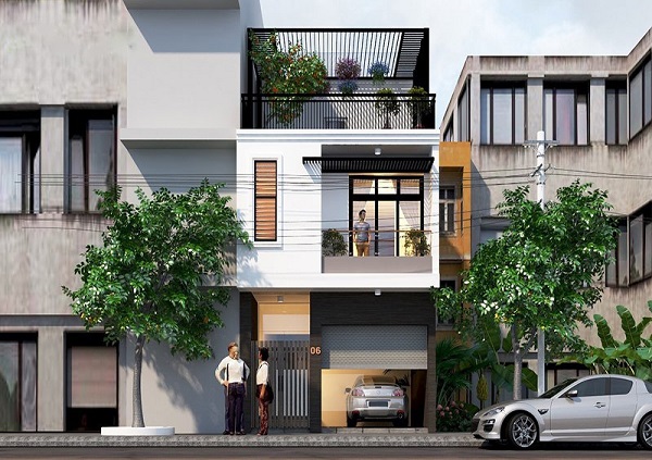 Nhà phố hiện đại với ban công cây xanh, hai người nói chuyện trước cửa, ô tô đậu phía trước.