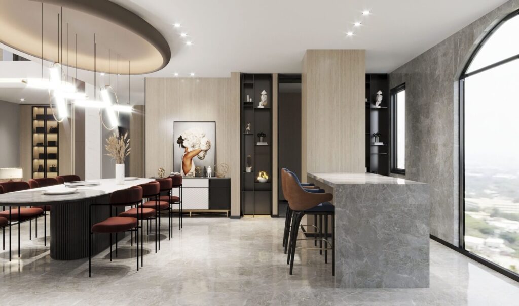 Phòng ăn sang trọng với bàn dài, ghế đỏ và đèn treo hiện đại, tạo không gian ấm cúng và tinh tế.