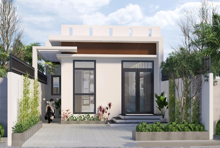 3-10-1 Ngôi nhà cấp 4 hiện đại với mái bằng và vườn xanh, cửa kính lớn, không gian trước cửa rộng rãi.