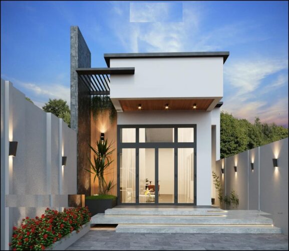 Nhà cấp 4 hiện đại với mặt tiền tối giản, không gian xanh và ánh sáng tự nhiên.