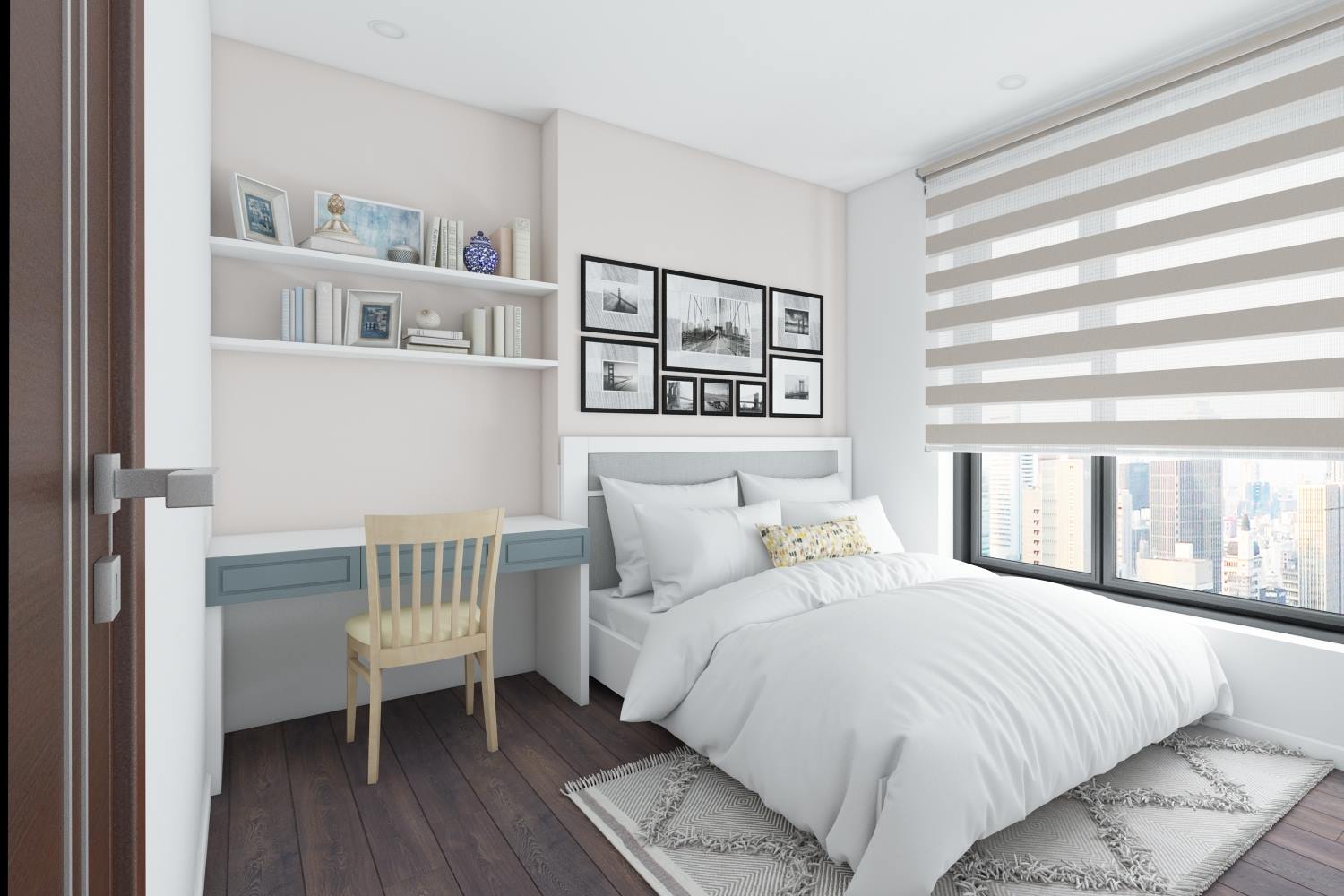 Phòng ngủ hiện đại với giường trắng, bàn làm việc nhỏ, cửa sổ lớn có rèm, tranh treo tường nghệ thuật.