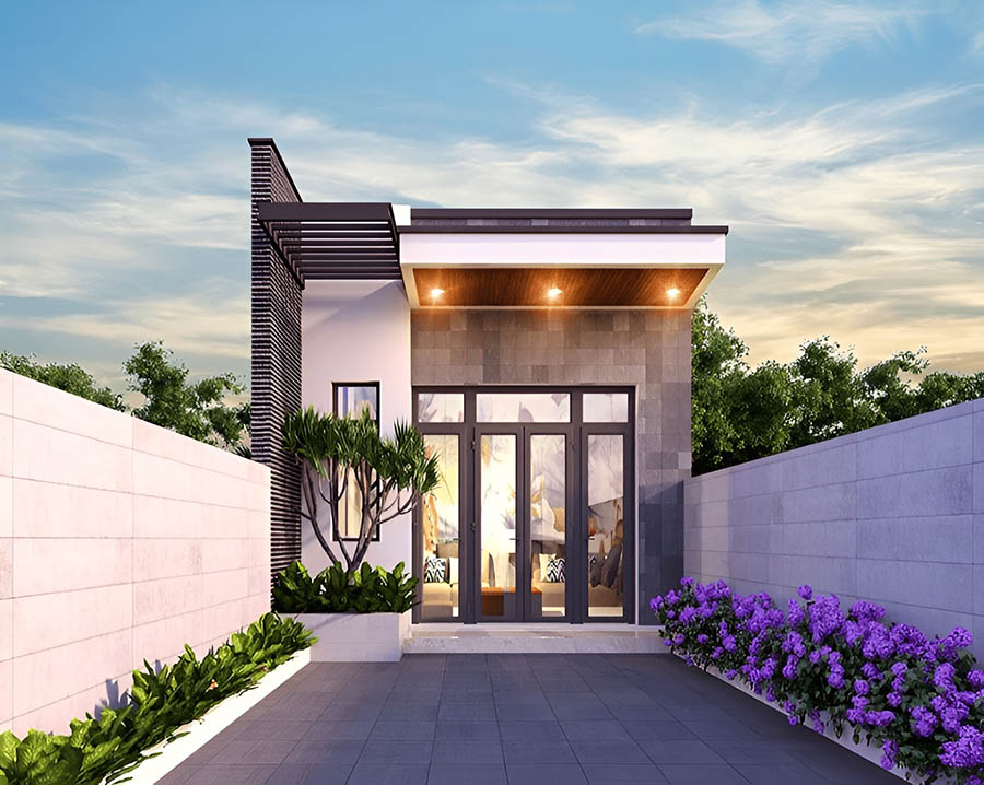 Nhà cấp 4 hiện đại, mặt tiền đẹp với cây xanh và hoa, nền trời xanh.