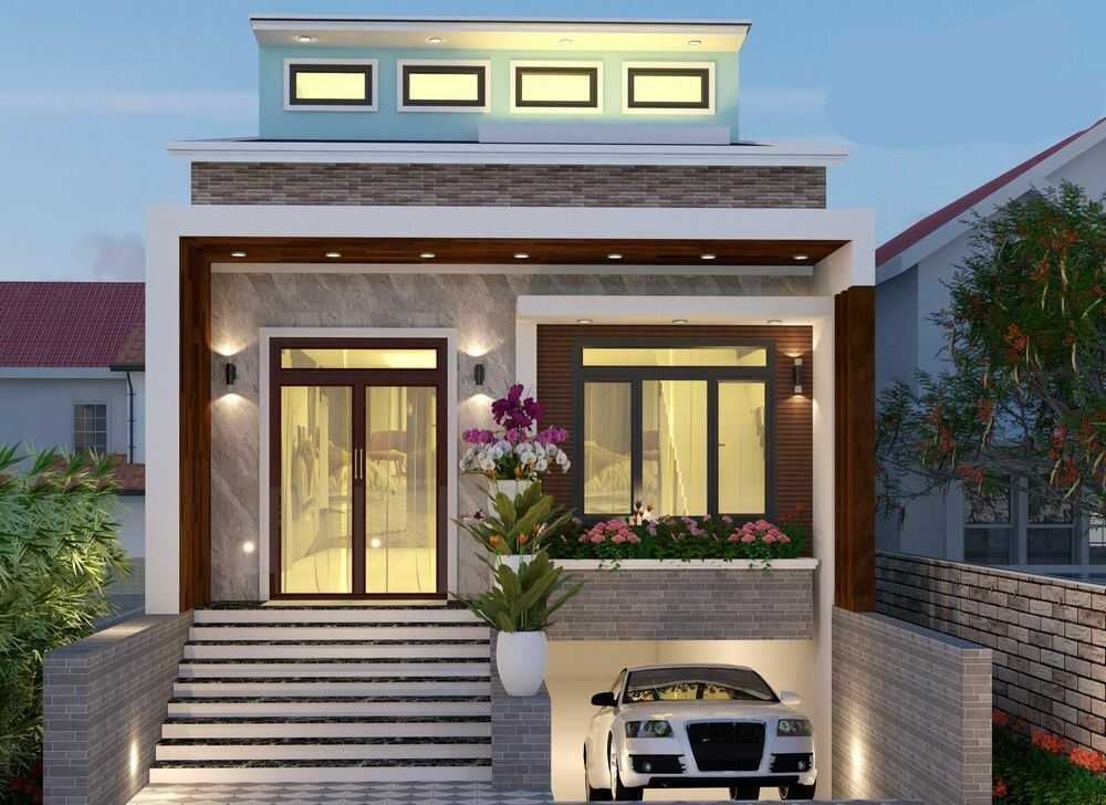 Nhà một tầng phong cách hiện đại với sân vườn và gara ô tô phía trước, thiết kế tinh tế và sang trọng.