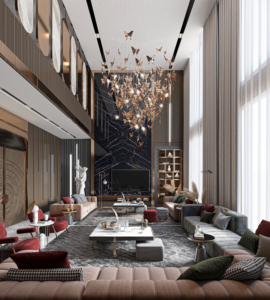 Phòng khách đẳng cấp với đèn chùm khác biệt và nội thất tối tân, tạo nên không gian thoải mái và sang trọng.