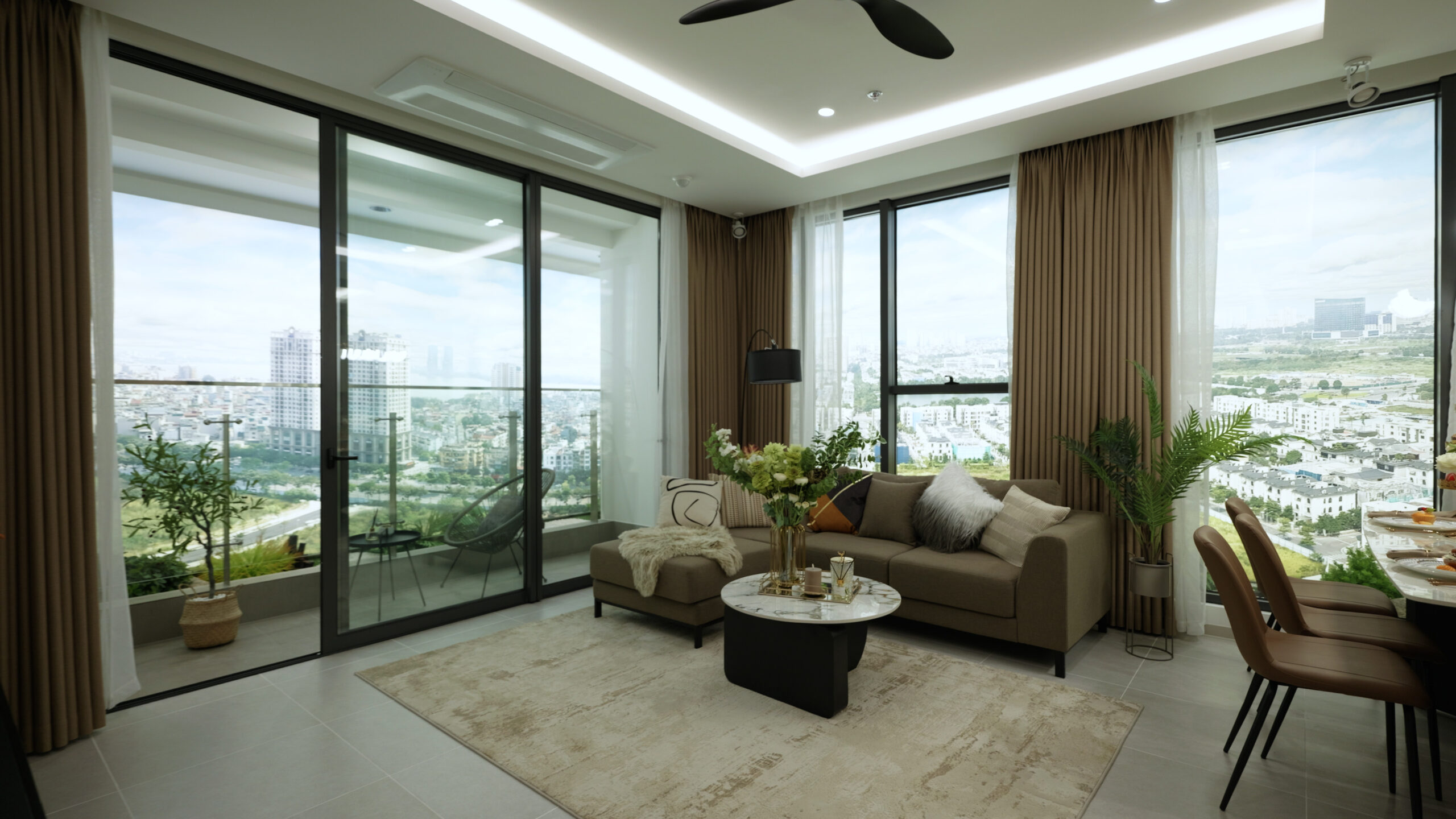 Phòng khách hiện đại với sofa, bàn kính, cửa kính lớn và view thành phố tuyệt đẹp.