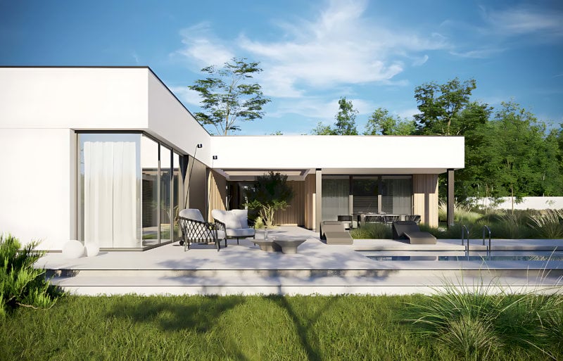 Ngôi nhà hiện đại với hồ bơi và sân vườn xanh tươi, thiết kế mở thoáng đãng dưới bầu trời xanh.