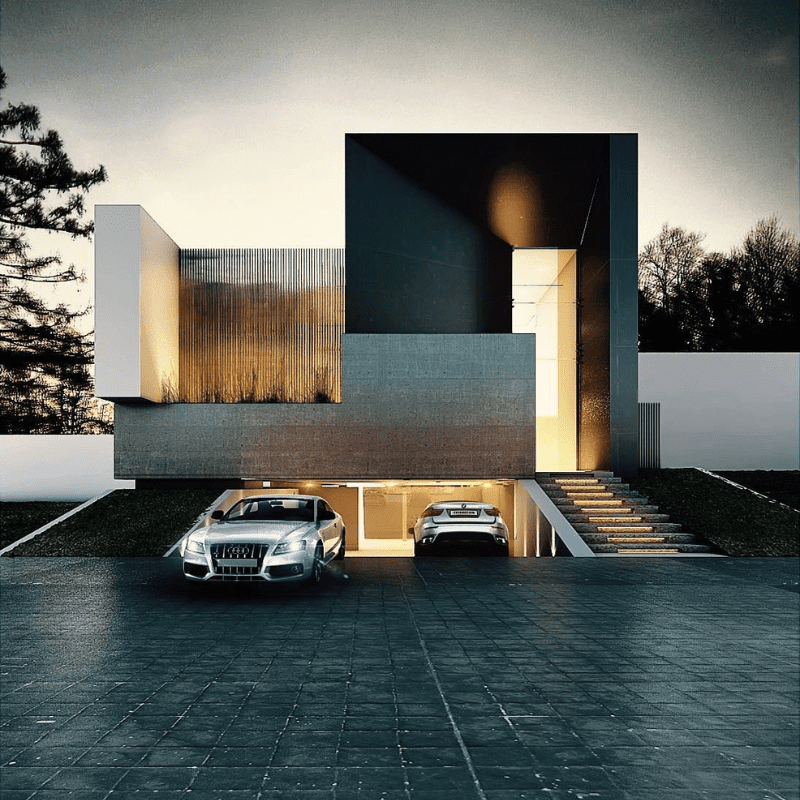 Ngôi nhà hiện đại với gara đôi và mặt tiền tối giản, ánh sáng nhấn mạnh kiến trúc độc đáo.