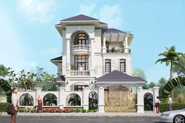 Biệt thự sang trọng 3 tầng, mái ngói xanh đậm, ban công rộng rãi, cổng vàng và cây cối bao quanh.