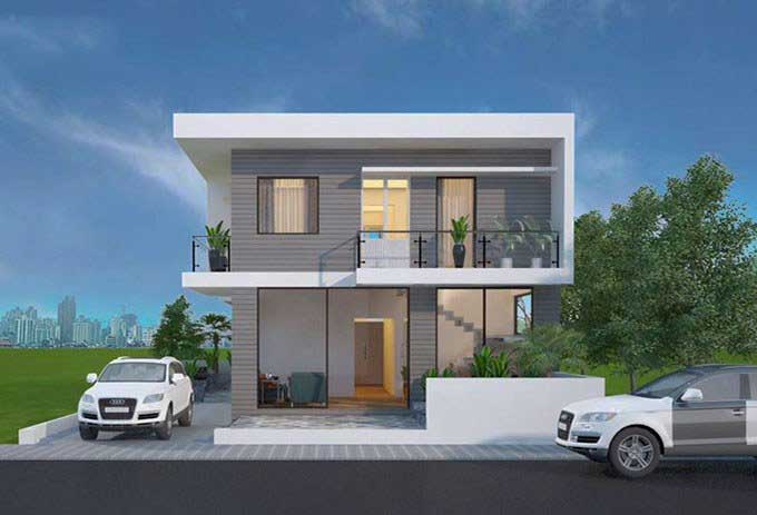 Nhà hiện đại hai tầng với xe ô tô đỗ trước sân, có ban công và cây xanh xung quanh, bầu trời trong xanh.