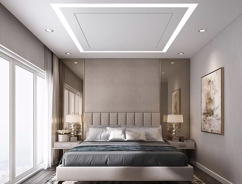 Phòng ngủ hiện đại với giường lớn, trang trí tối giản, tông màu xám và đèn âm trần phong cách.