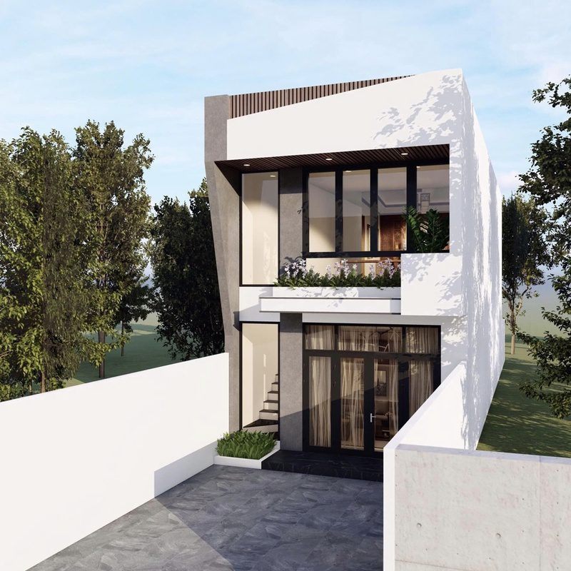 Nhà hai tầng hiện đại, thiết kế tối giản với nhiều cửa kính lớn bao quanh là cây xanh.