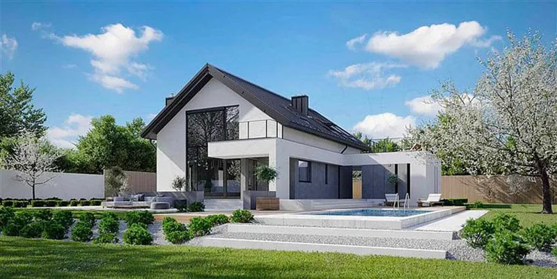 Nhà hiện đại với mái dốc, hồ bơi và vườn cây xanh dưới bầu trời xanh tươi sáng.